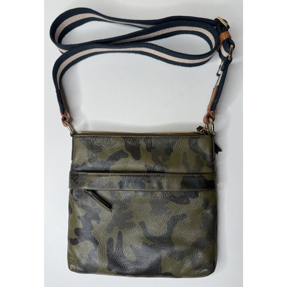 Mark & Graham Olive Camo Leather Crossbody with Navy and Cream Strap
